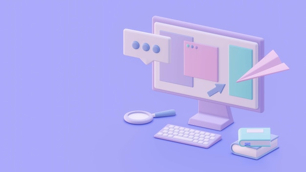 3D-Darstellung von Computer und Tastatur am Arbeitsplatz Isometrischer LCD-Monitor mit geöffneten Seiten der Website