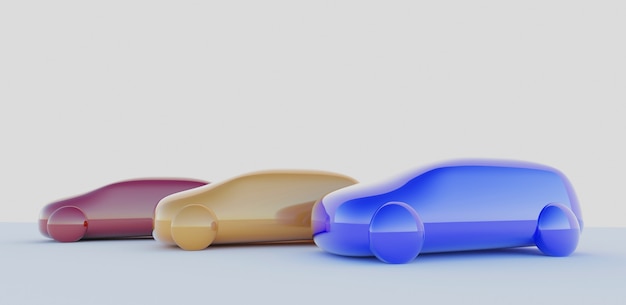3D-Darstellung von drei bunten Spielzeugautos, die auf grauer Oberfläche und Hintergrund profiliert sind