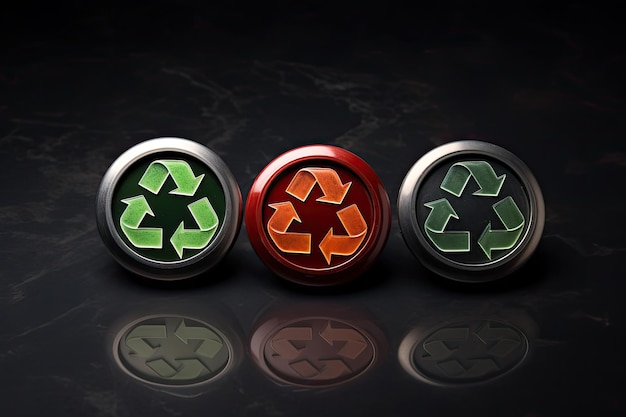 3D-Darstellung von drei Metall-Recycling-Knöpfen auf schwarzem Hintergrund mit Reflexion. Ein Recycling-Schild mit einem grünen Knopf, das das Null-Abfall-Wiederverwendungskonzept von AI generiert