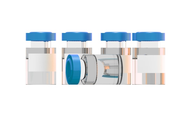 3D-Darstellung von durchsichtigen Impfstofffläschchen mit blauem Deckel auf weißer Oberfläche und Hintergrund