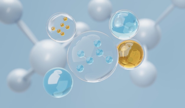 3D-Darstellung von einfachen chemischen Bindungen in Seitenzellen oder Molekülen Die mit Atomen verbundenen Ionenbindungen und Moleküle Flüssigkeitstropfen-Blasenhintergrund Kovalente Bindung Biochemische Wechselwirkung