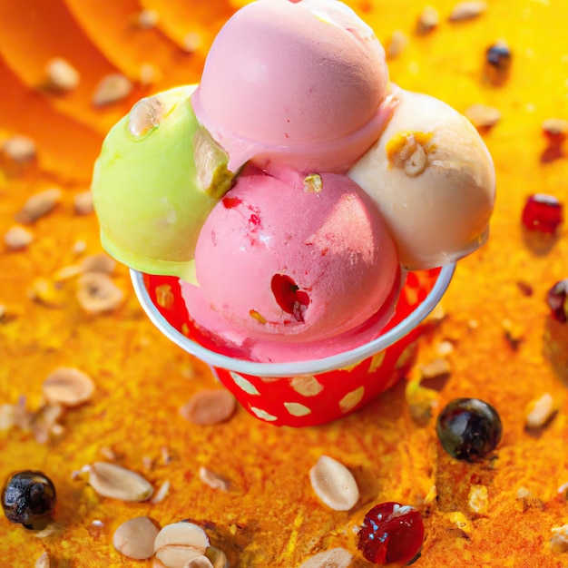 3D-Darstellung von Eiscremes in verschiedenen Farben und Geschmacksrichtungen, die auf buntem Hintergrund dekoriert sind. Selektiver Fokus