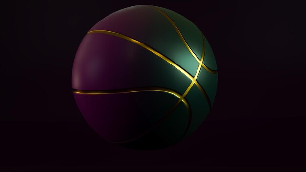 3D-Darstellung von farbigem und goldenem Basketball isoliert auf dunklem Hintergrund