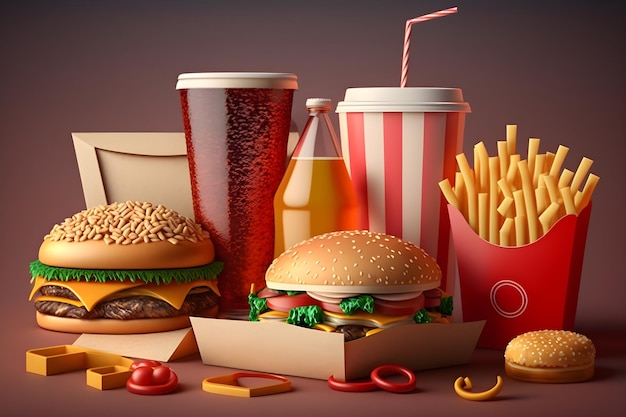 3D-Darstellung von Fast-Food-Konzepthintergrund