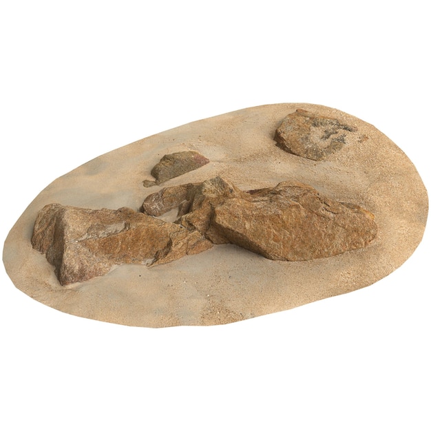 3D-Darstellung von Felsen auf einem Sandschelf isoliert auf weißem Hintergrund