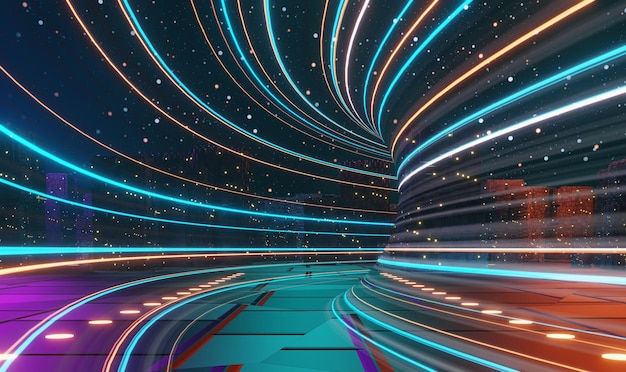 3D-Darstellung von Flash-Neon und Licht, die auf einer dunklen Szene leuchten Speed-Light-Tunnel durch die Stadt oder das urbane Technologie-Internet des zukünftigen Netzwerks Sci-Fiction von interstellaren Reisen im Hyperraum