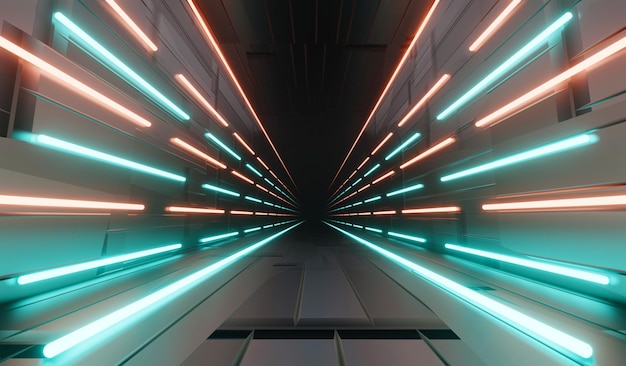 3D-Darstellung von Flash-Neon und Licht, die auf einer dunklen Szene leuchten Speed-Light-Tunnel durch die Stadt oder das urbane Technologie-Internet des zukünftigen Netzwerks Sci-Fiction von interstellaren Reisen im Hyperraum