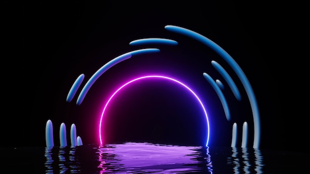 3D-Darstellung von Flash-Neon und Licht, die in dunkler Szene leuchten Speed Light Moving Lines