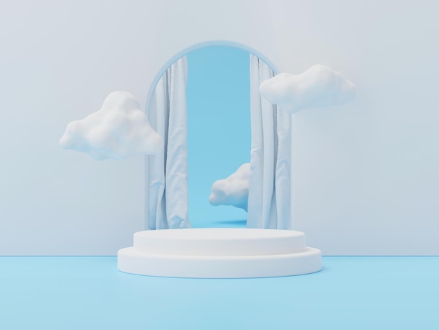 3d-darstellung von geometrie-podium und schwebender wolke mit weißem vorhang zur produktpräsentation