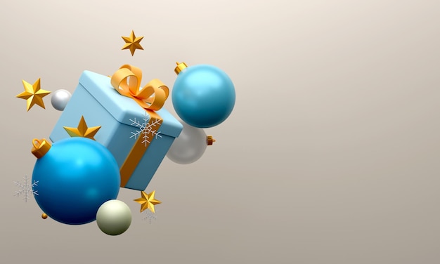 3D-Darstellung von Geschenkbox mit goldenen Sternen, Kugeln, Kugeln und Kopierraum auf glänzendem grauem Hintergrund