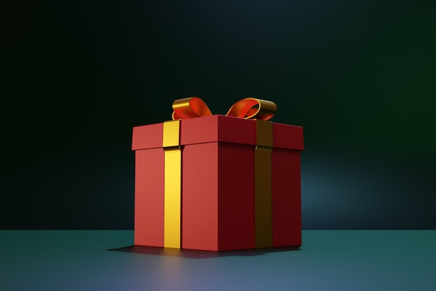 3D-Darstellung von Geschenken in einer schönen roten Verpackungsbox mit einer Satinbandschleife auf dunklem Hintergrund