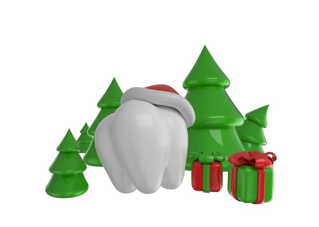 Foto 3d-darstellung von gesunden zähnen mit weihnachtsgeschenken und baum mit weißem hintergrund. zahnarzt weihnachten