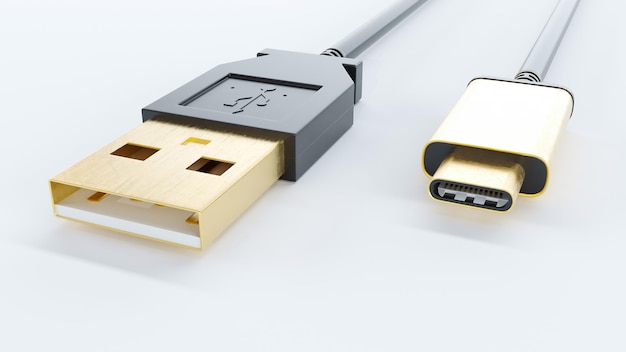 3D-Darstellung von Gold USB-Kabel isoliert auf weißem Hintergrund USB Typ C