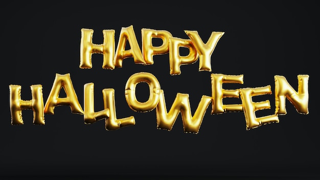 3D-Darstellung von goldenem Ballontext von Happy Halloween isoliert auf schwarzem Hintergrund