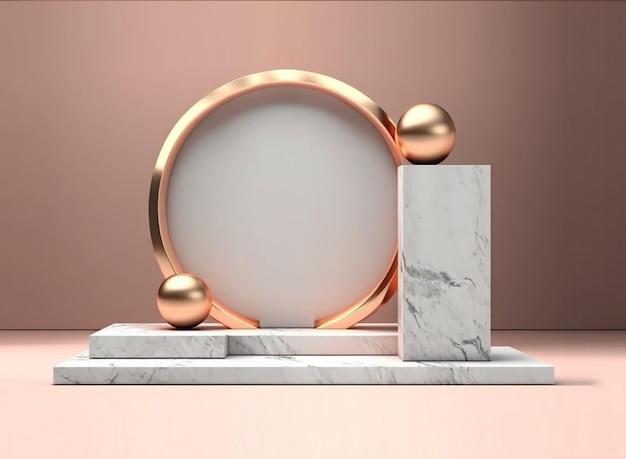 3D-Darstellung von goldenem Fotorahmen und Podesten. Römisches Podium weiß für Kosmetikprodukt im Hintergrund