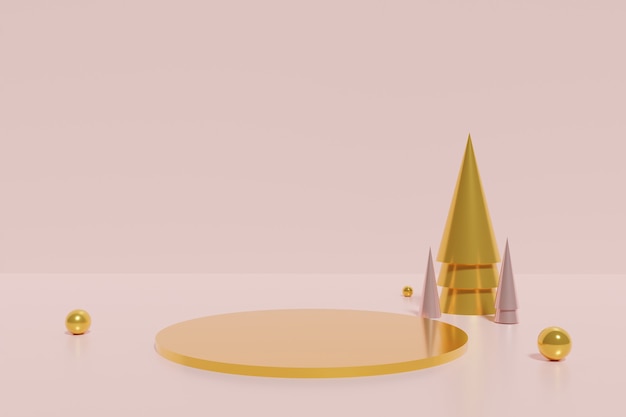 3D-Darstellung von goldenem Podium und goldenem Kegel Weihnachtsbäume mit Kugeln auf einem korallenrosa Hintergrund