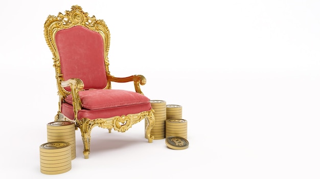 3D-Darstellung von goldenem und rotem Königsthron mit goldenem Bitcoin isoliert auf weißem Hintergrund