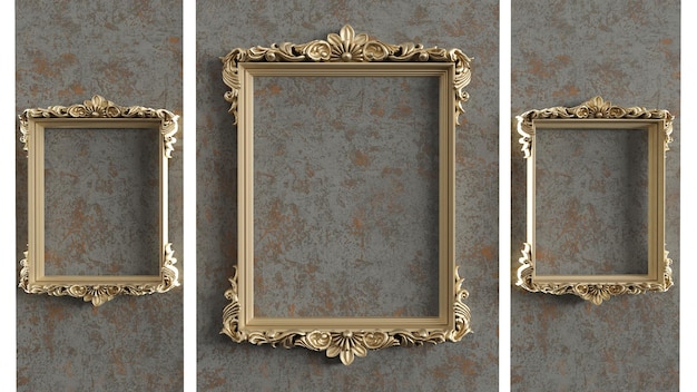 3D-Darstellung von goldenen leeren Rahmen auf alten Mauer Goldrahmen auf Grunge-Hintergrund Vintage-Hintergrund