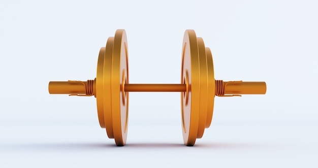 3D-Darstellung von goldenen stilvollen Iron Barbell, gold Dumbbell isoliert auf weißem Hintergrund. Hohe Auflösung