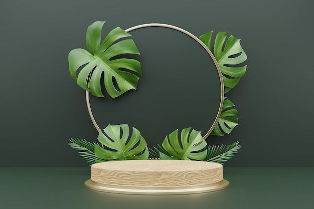 3D-Darstellung von Holzpodest für Produktanzeige mit Monstera-Blättern.