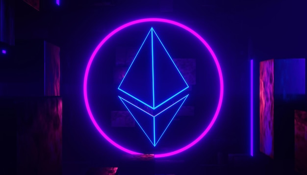 3D-Darstellung von Kryptowährung Ethereum oder ETH-Münzen mit Technologienetzwerk-Neon-Laserlicht. Konzept der digitalen Währung der Kryptowährung. Neuer virtueller Geldwechsel in Blockchain.
