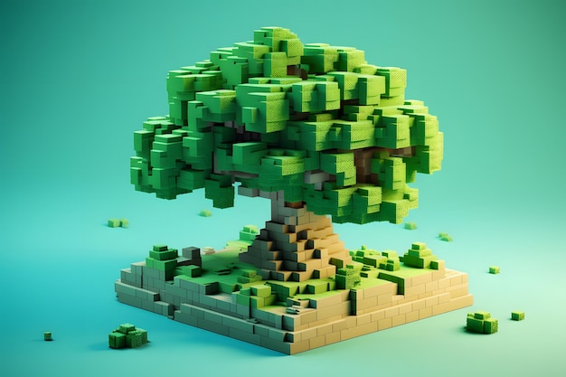 3D-Darstellung von kubischen Baum mit grünen Blättern und Hintergrund Generative Ai Voxel Eiche im 3D-Stil