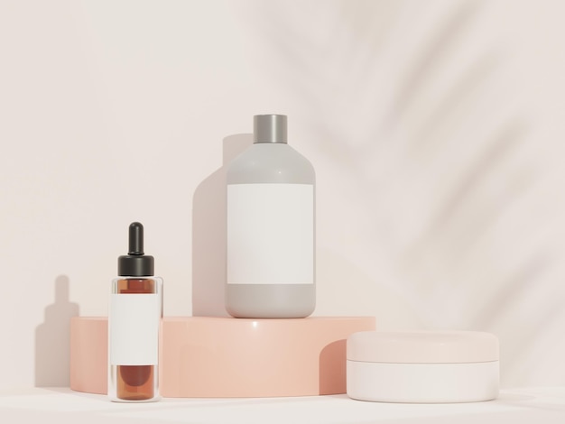 3D-Darstellung von leeren Kosmetik-Hautpflegeprodukten oder Verpackungen für Mock-up. Terrazzo-Design. Schönheitsseife und Spa-Konzept. Lotion Öl Feuchtigkeit für die Gesundheit der Haut. Premium- und Luxusdesign für das Branding.