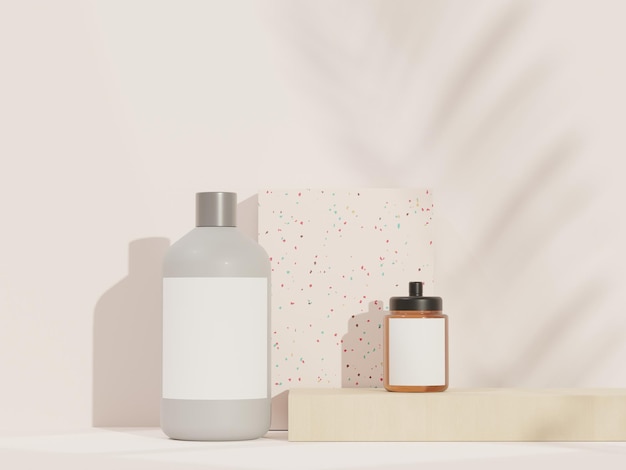 3D-Darstellung von leeren Kosmetik-Hautpflegeprodukten oder Verpackungen für Mock-up. Terrazzo-Design. Schönheitsseife und Spa-Konzept. Lotion Öl Feuchtigkeit für die Gesundheit der Haut. Premium- und Luxusdesign für das Branding.
