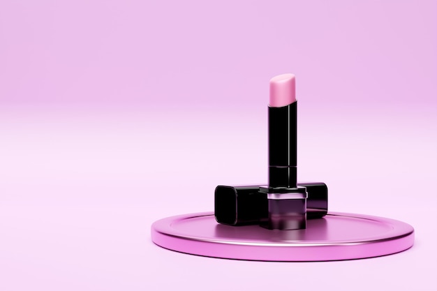 3D-Darstellung von Lippenstift auf rosa Podium Modernes, trendiges Design Realistisches offenes Röhrchen mit Lippenstift