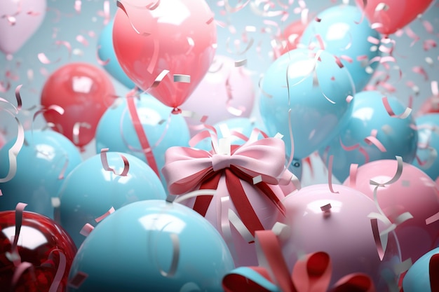 3D-Darstellung von Luftballons mit Bändern und Konfetti auf blauem Hintergrund Generative KI