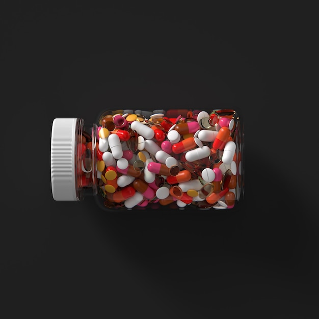 3D-Darstellung von Medizinpillen in Glasflasche mit Kappe. Abstrakte medizinische Illustration.