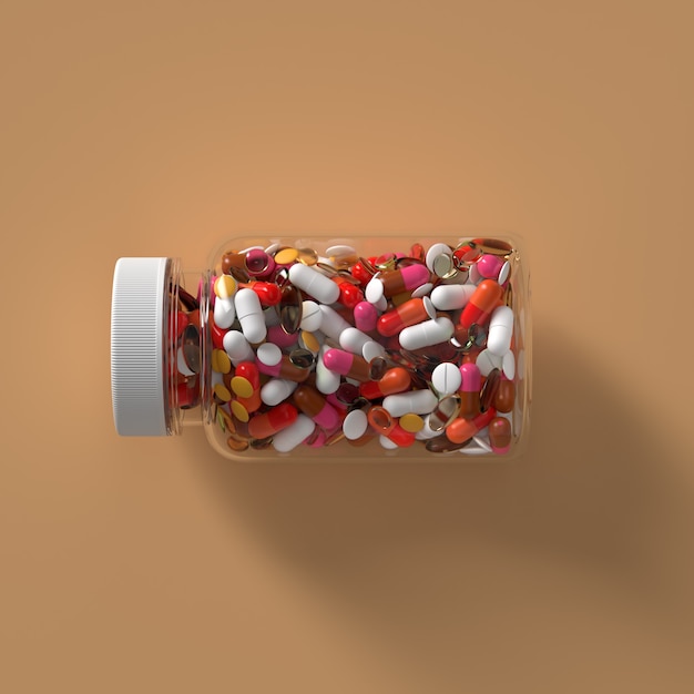 Foto 3d-darstellung von medizinpillen in glasflasche mit kappe. abstrakte medizinische illustration.