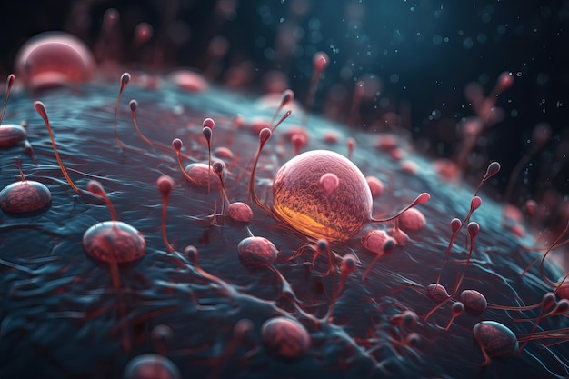 3D-Darstellung von menschlicher Zelle oder embryonaler Stammzellmikroskopie Hintergrund AI generiert