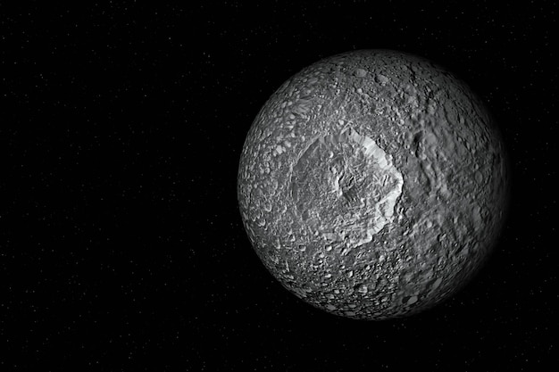 3D-Darstellung von Mimas, einem der Monde von Saturn, dem sechsten Planeten von der Sonne