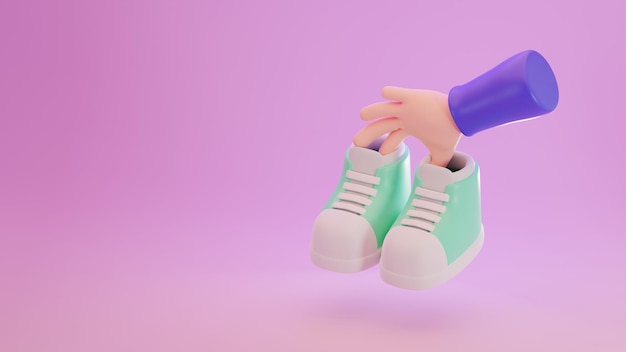 3D-Darstellung von minimalen Schuhen oder Turnschuhen, die für Mockups und Pflanzen auf violettem Pastellhintergrund ausgestellt sind