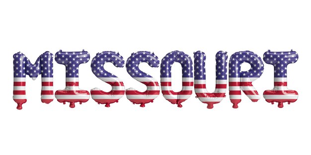 3D-Darstellung von Missouriletter-Ballons mit den Farben der US-Flagge isoliert auf weißem Hintergrund