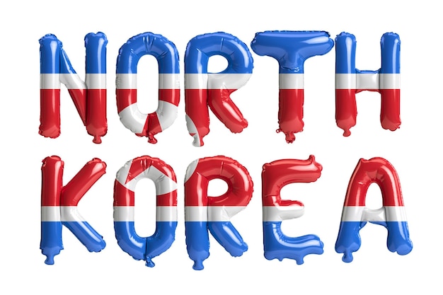 3D-Darstellung von Nordkorealetter-Ballons mit Flaggenfarbe isoliert auf Weiß