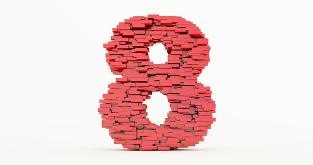 3D-Darstellung von Nummer acht aus Bausteinen, Konzept von roten Ziegeln, die sich zur Nummer 8 aufbauen