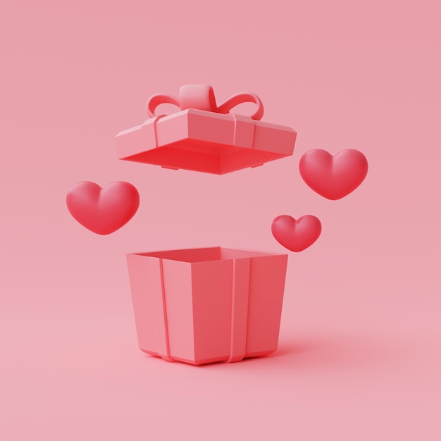 3D-Darstellung von offenen rosa Geschenkboxen mit rotem Hirsch isoliert auf pastellfarbenem Hintergrund, Valentinstag-Verkaufskonzept, minimalistischer Stil.