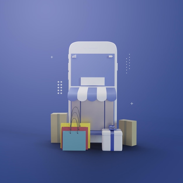 3D-Darstellung von Online-Shopping mit Smartphone-Onlineshop-Illustration Premium-Design für Werbung