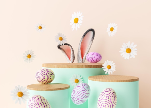 3D-Darstellung von Ostereiern und Hasenohren auf Tischen, umgeben von hängenden Blumen
