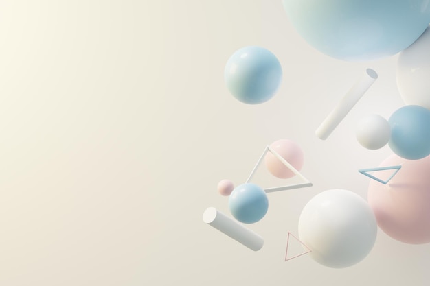 3D-Darstellung von Pastellkugeln, Seifenblasen, Klecksen, die auf pastellfarbenem Hintergrund in der Luft schweben. Abstrakte Szene.