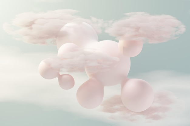 3D-Darstellung von Pastellkugeln, Seifenblasen, Klecksen, die mit flauschigen Wolken und Ozean in der Luft schweben. Romantik Land der Traumszene. Natürlicher abstrakter verträumter Himmel.