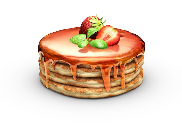 3D-Darstellung von Pfannkuchen mit Erdbeersirup und Butter.