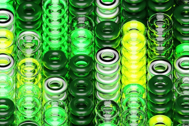 3D-Darstellung von Reihen grüner Torus Reihe von Torussen auf einfarbigem Hintergrundmuster Geometrie-Hintergrund