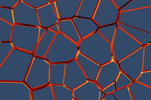 3D-Darstellung von Reihen von orangefarbenen Polygonen. Parallelogrammmuster. Hintergrund der Technologiegeometrie