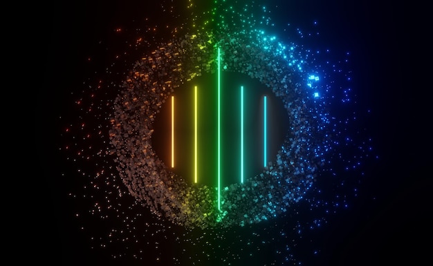 3D-Darstellung von RGB-Neonlicht auf dunklem Hintergrund. Abstrakte Laserlinien zeigen sich nachts. UV-Spektrum-Strahlszene für Mock-up und Web-Banner.