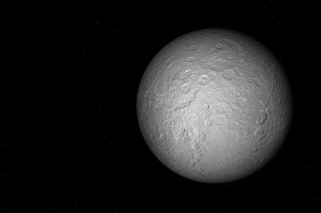 3D-Darstellung von Rhea, dem zweitgrößten Mond des Saturn, dem sechsten Planeten von der Sonne