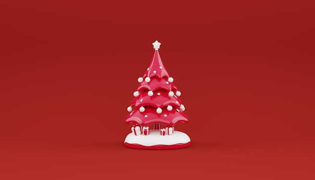 3D-Darstellung von rotem Weihnachtsbaum und Geschenkbox mit Schnee auf rundem Podium Weihnachtsdekorationen