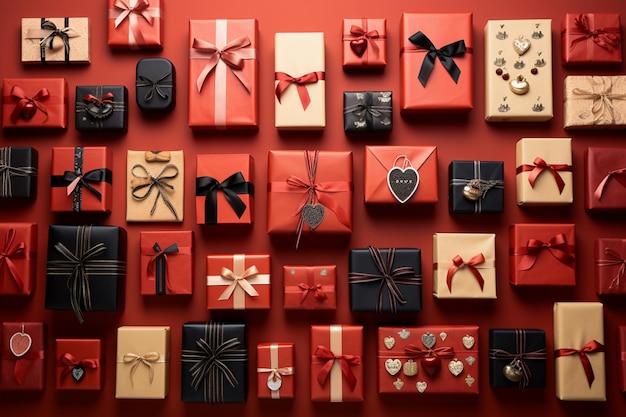 3D-Darstellung von roten Geschenkboxen mit Bändern auf rotem Hintergrund